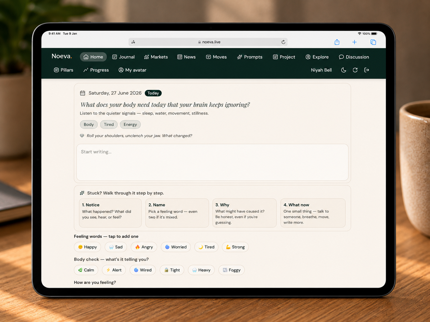 Noeva task interface showing a learning move with guidance