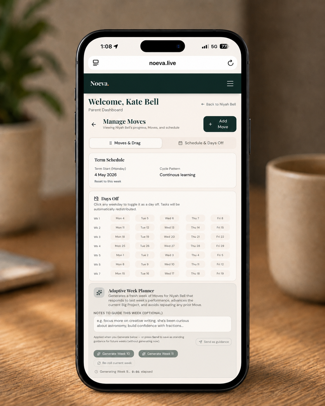 Noeva parent portal showing weekly Moves management on a phone
